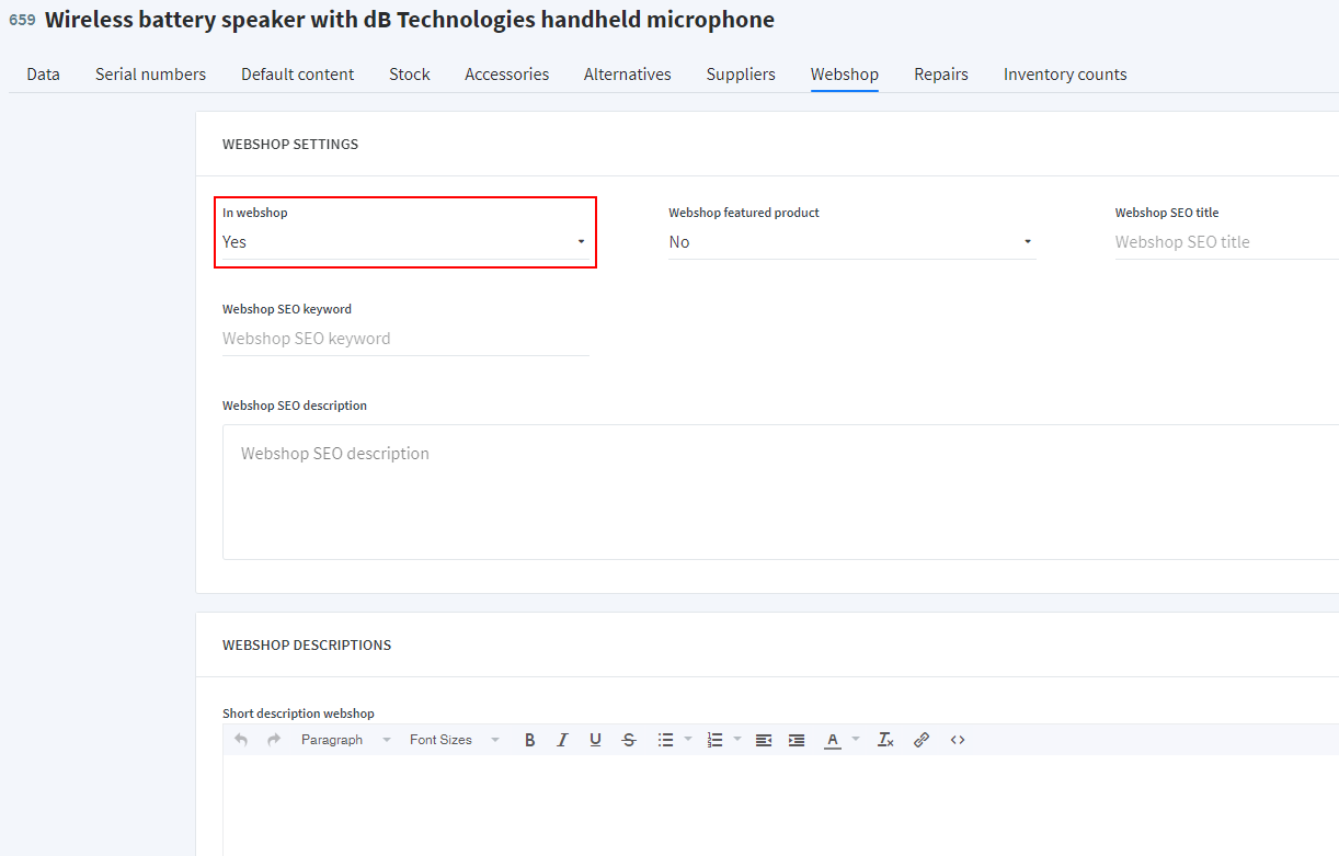 Equipment webshop settings